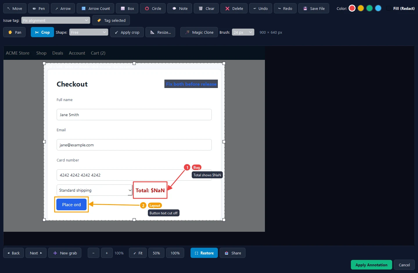 The Point Blank editor with an adjustable crop box over the grab, its corner handles showing, and the Shape, Apply crop, Resize and Magic Clone tools in the toolbar