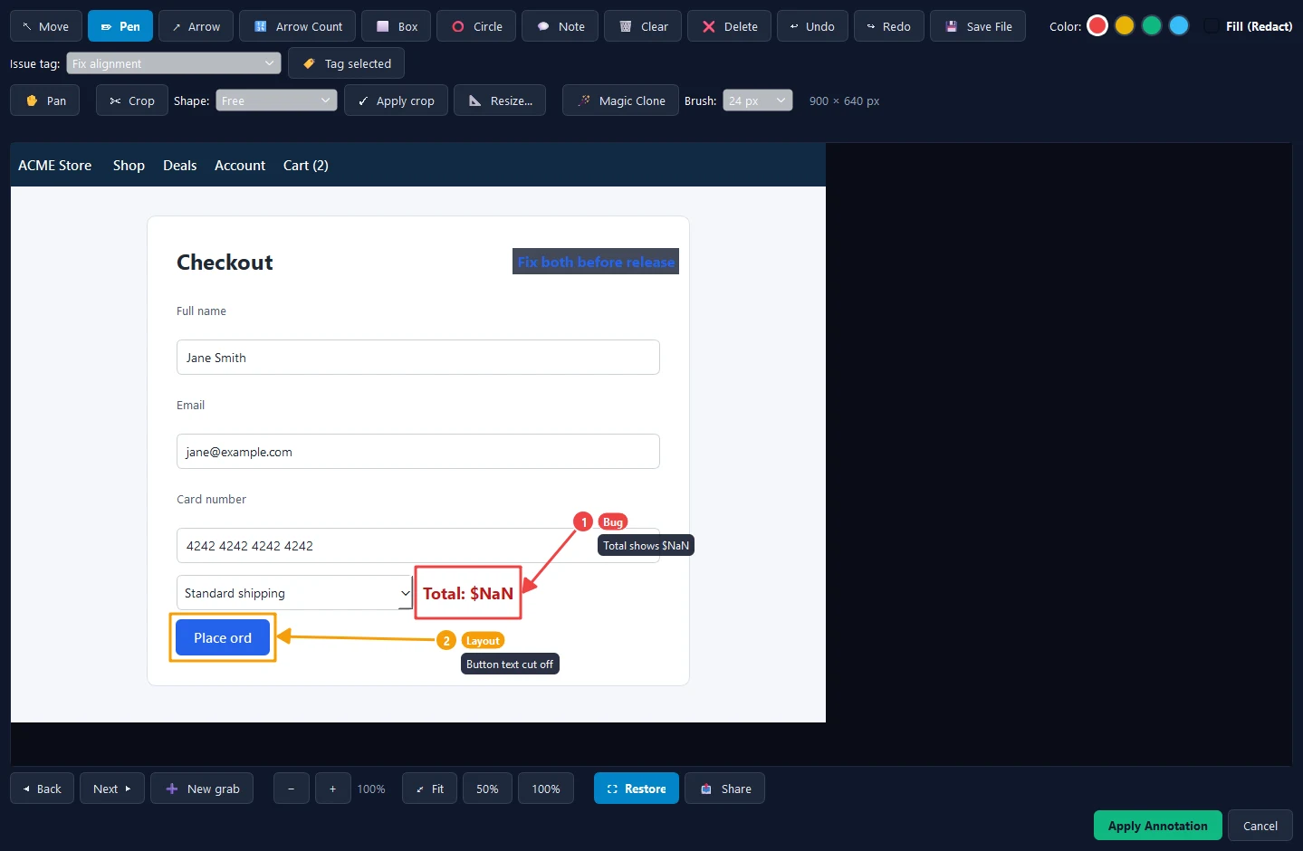 The Point Blank editor: a checkout page grabbed from the screen, with a red box and marker 1 on a total that reads $NaN, and an orange box and marker 2 on a button whose text is cut off, each with a tag and a note